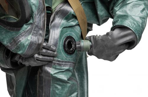 Polish OOB-1 HAZMAT Suit, Surplus. The hoses from the backpack unit connect to holes in the sides of the suit. The locking tabs are often bent or snapped off.